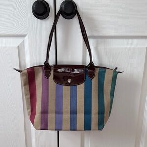 Longchamp le pliage rainbow Striped Tote Bag patent straps beautiful!